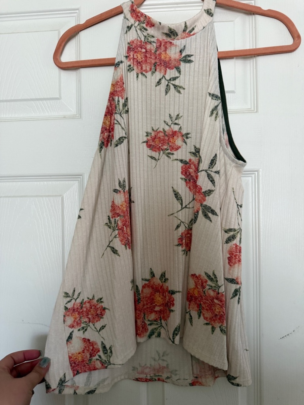 W5 Cream Floral Ribbed Tank with Coral Blooms